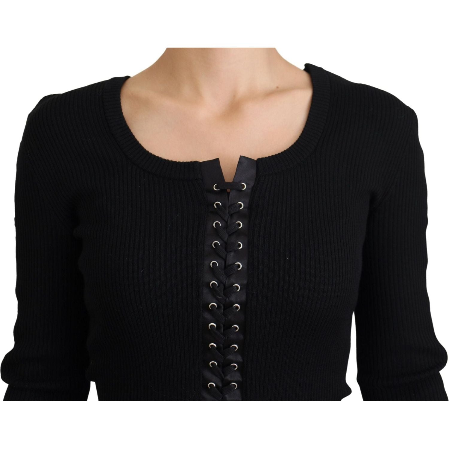 Dolce & Gabbana Black Wool Knitted Tie Up Slim Fit Sweater