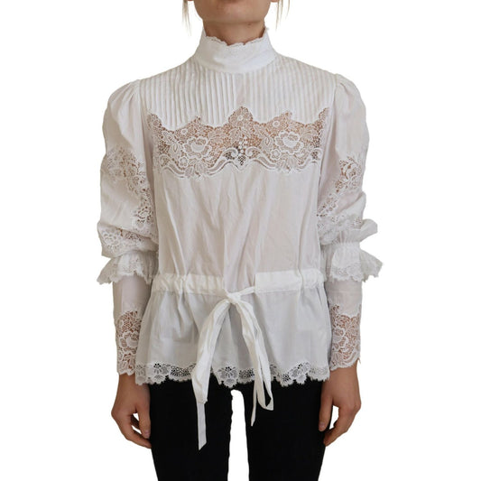 Dolce & Gabbana White Cotton Lace Trim Turtle Neck Blouse Top
