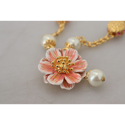 Dolce & Gabbana Gold Tone Floral Crystals Pink Embellished Necklace Necklace