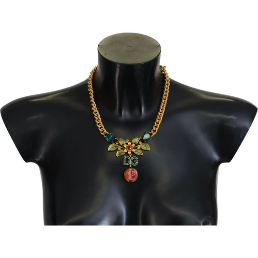 Dolce & Gabbana Gold Brass Crystal Logo Fruit Floral Statement Necklace SMY101076