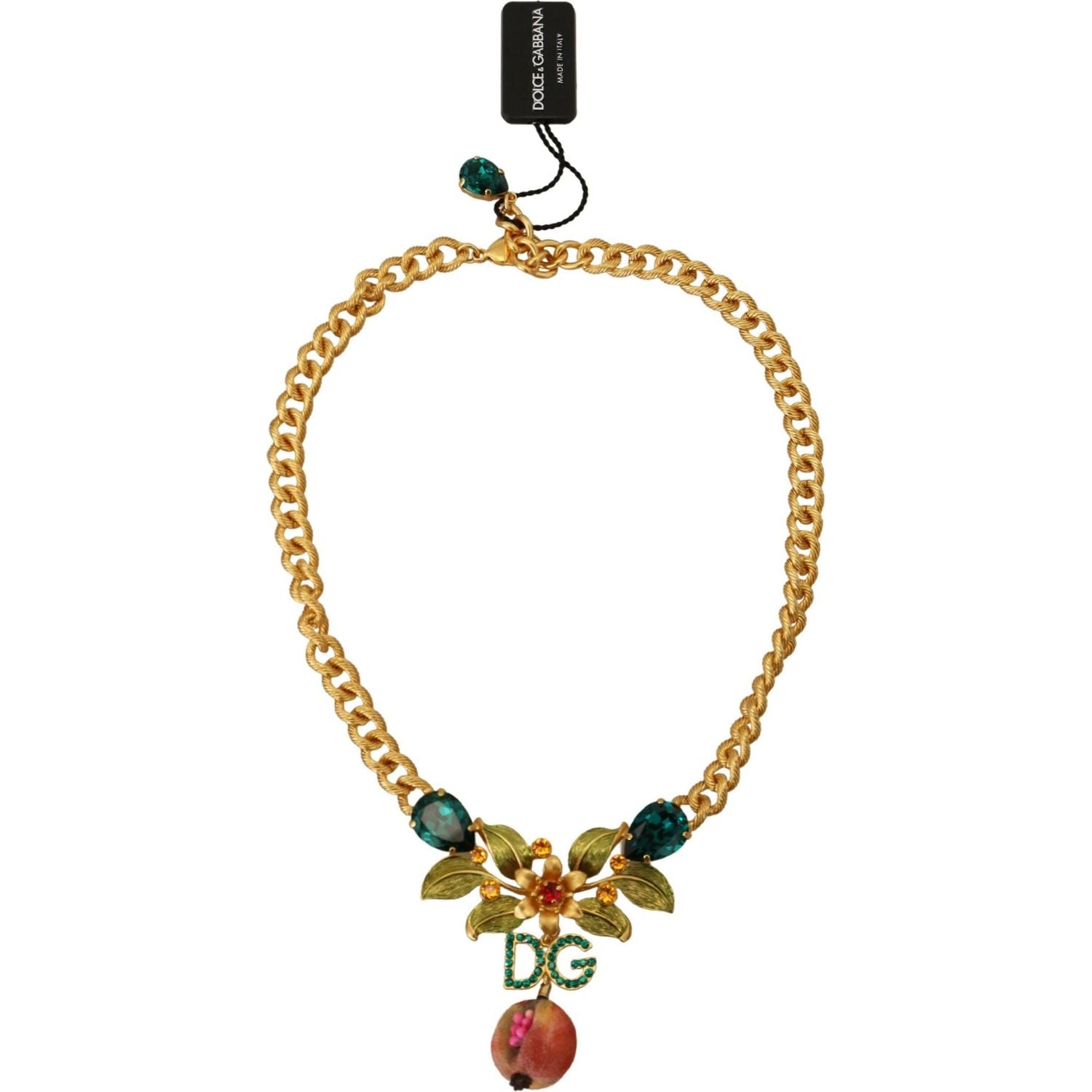 Dolce & Gabbana Gold Brass Crystal Logo Fruit Floral Statement Necklace