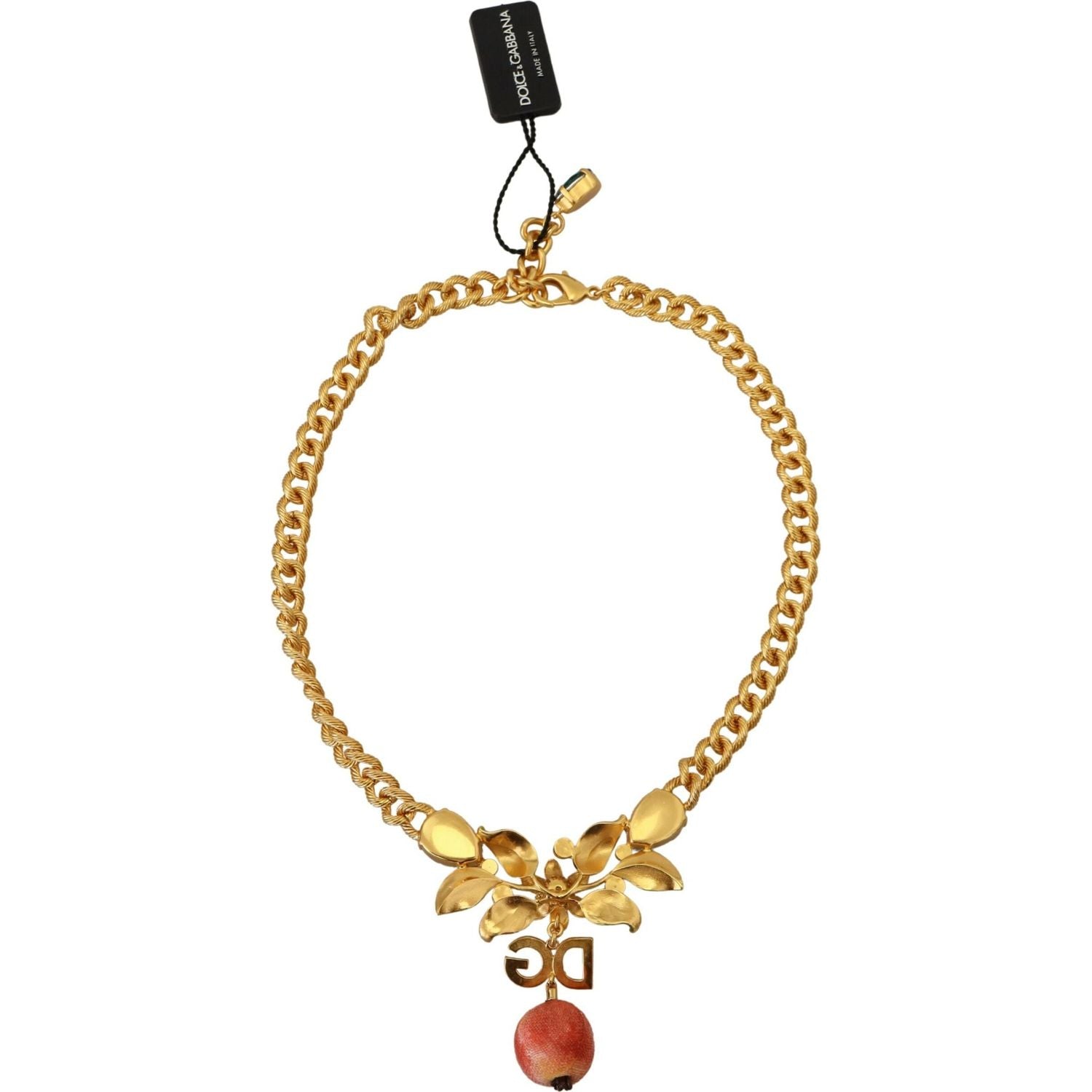 Dolce & Gabbana Gold Brass Crystal Logo Fruit Floral Statement Necklace