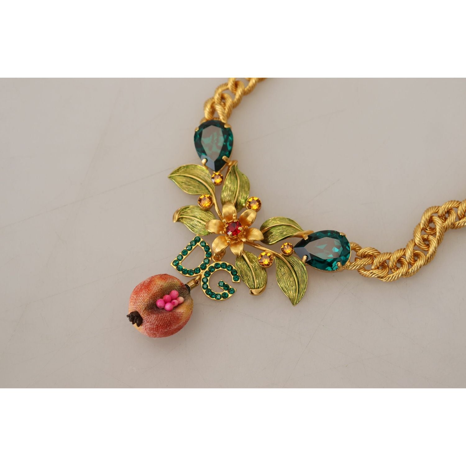 Dolce & Gabbana Gold Brass Crystal Logo Fruit Floral Statement Necklace