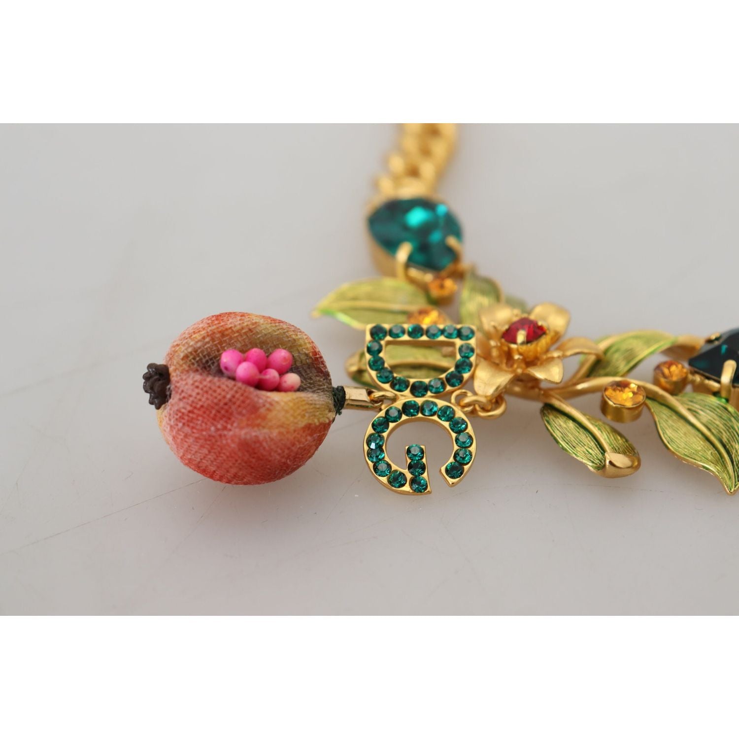 Dolce & Gabbana Gold Brass Crystal Logo Fruit Floral Statement Necklace
