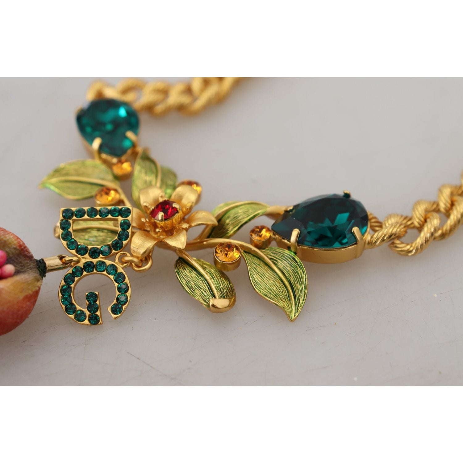 Dolce & Gabbana Gold Brass Crystal Logo Fruit Floral Statement Necklace