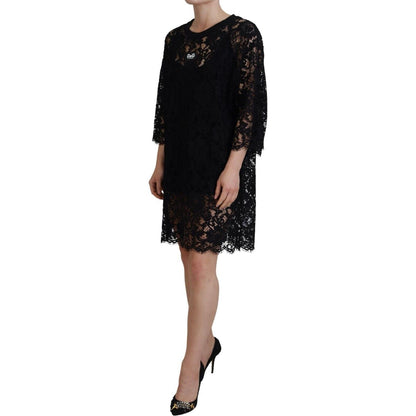 Dolce & Gabbana Black Floral Lace Cotton Shift Mini Dress