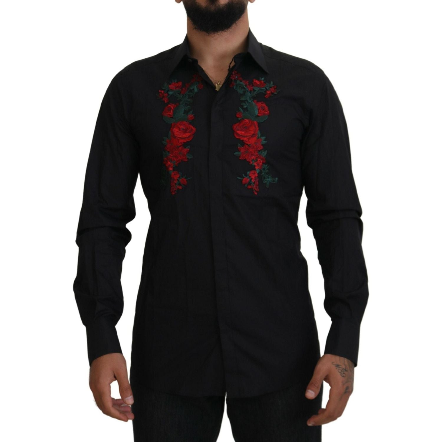 Dolce & Gabbana Black Floral Embroidery Men Long Sleeves GOLD Shirt
