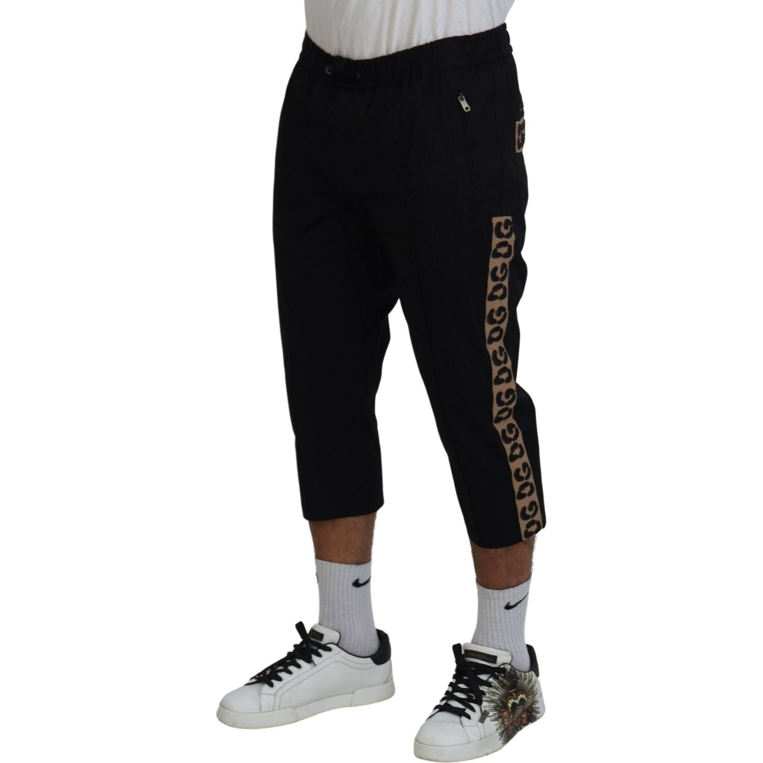 Dolce & Gabbana Black Cotton Elastic Waist DG Logo Cropped Pants
