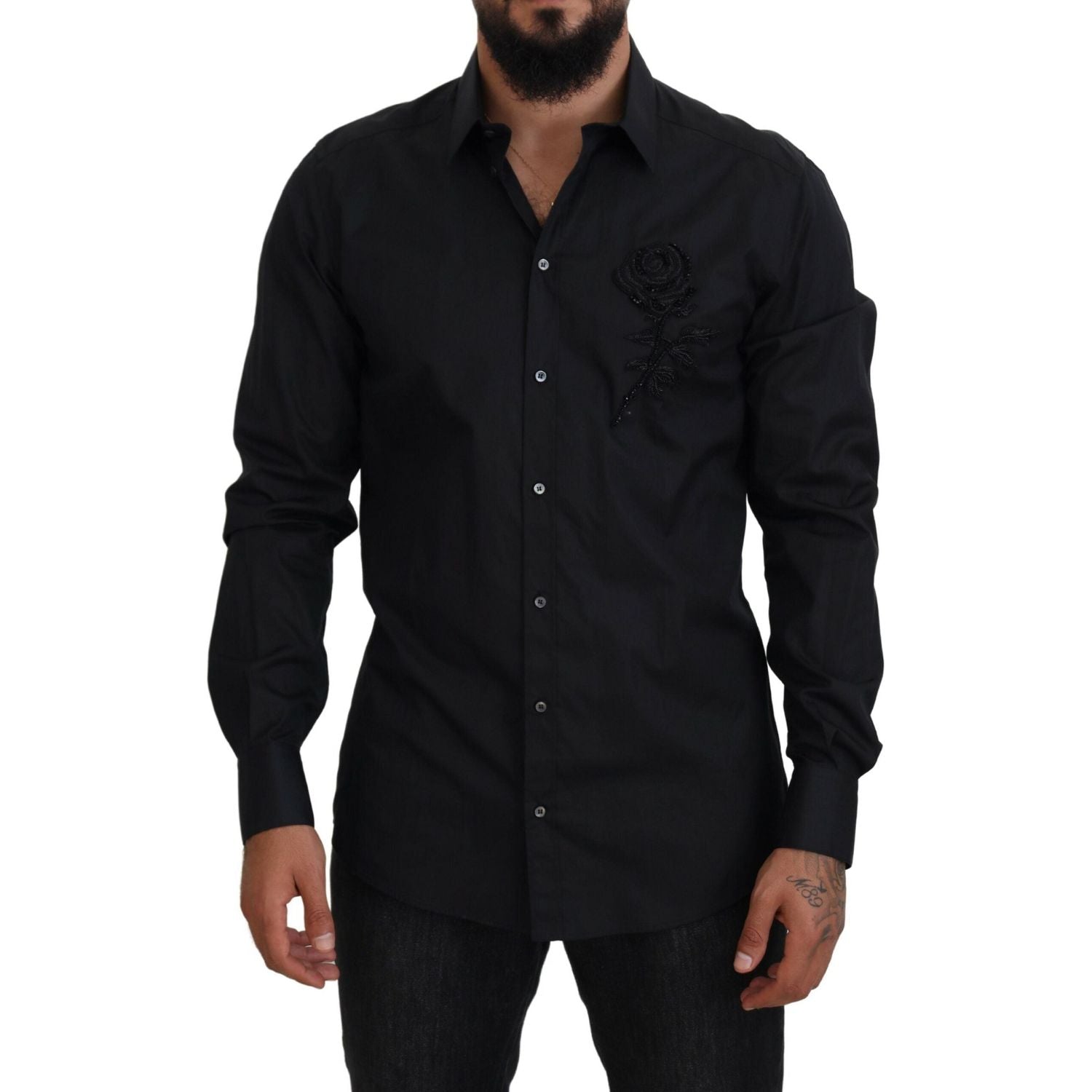 Dolce & Gabbana Black Roses Slim Fit Cotton Shirt