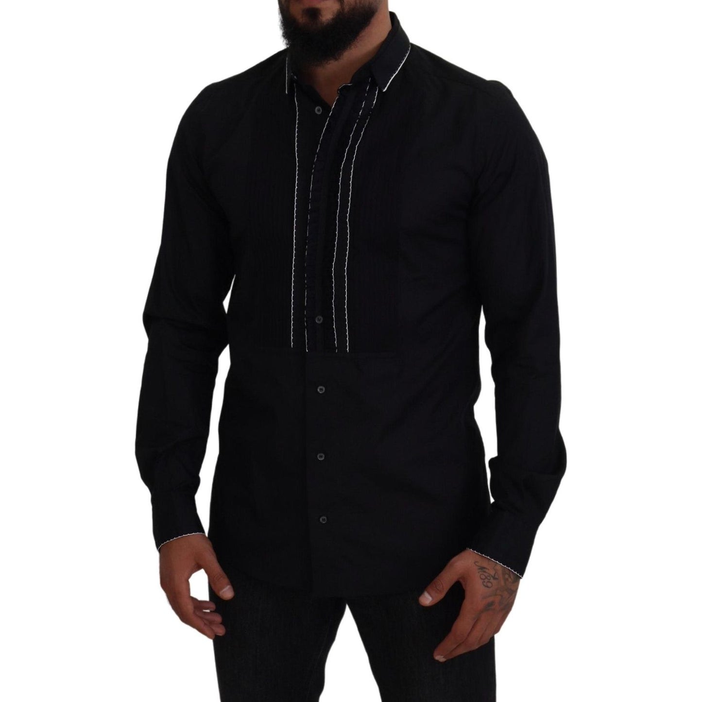 Dolce & Gabbana GOLD Black Tuxedo Slim Fit Cotton Shirt