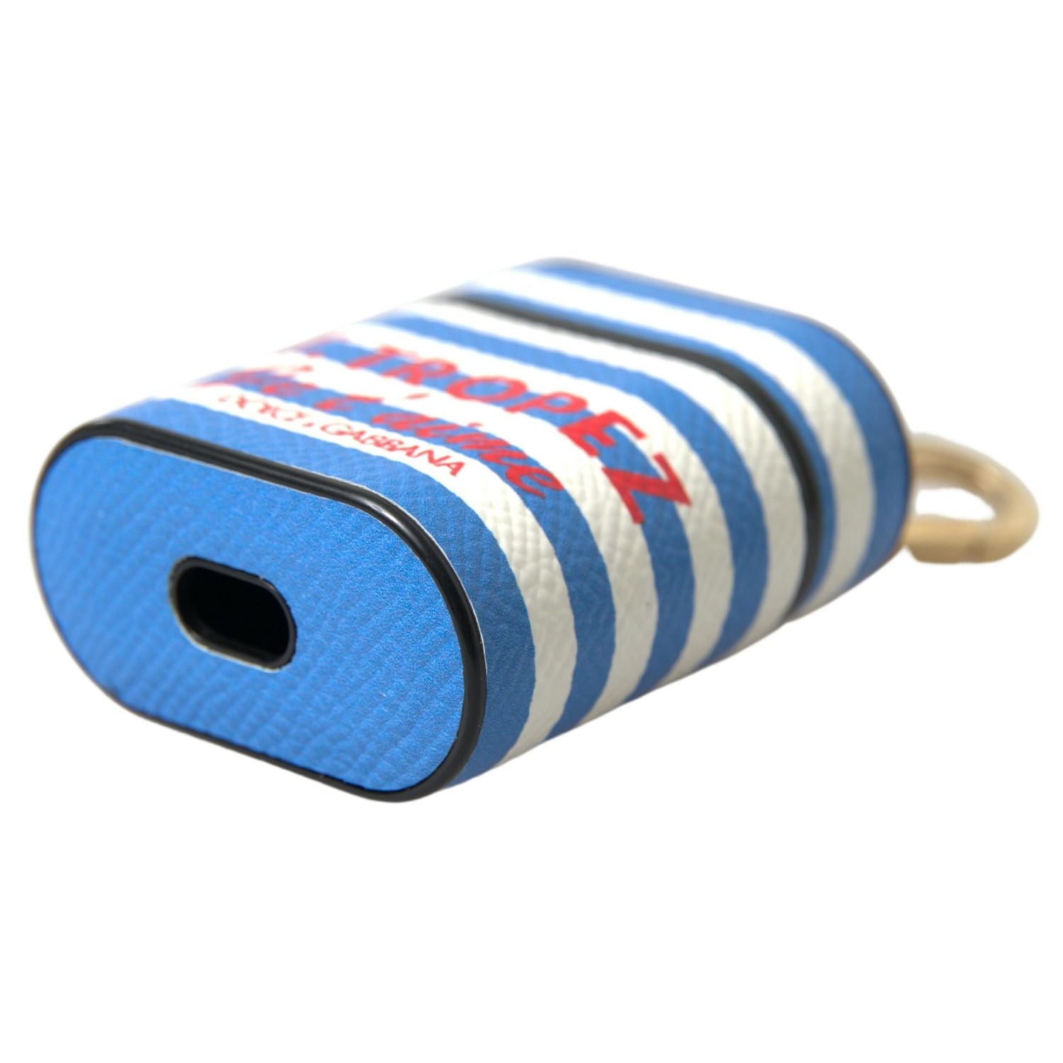 Dolce & Gabbana Blue Stripe Dauphine Leather Logo Print Airpod Case