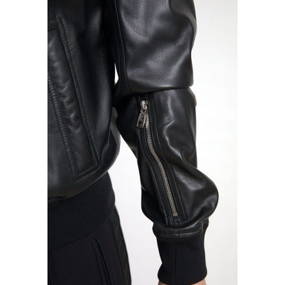 Dolce & Gabbana Black Leather Full Zip Bomber Men Jacket