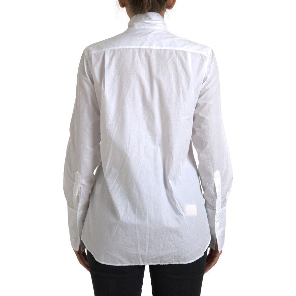 Dolce & Gabbana White Cotton Ascot Collar Long Sleeves Top