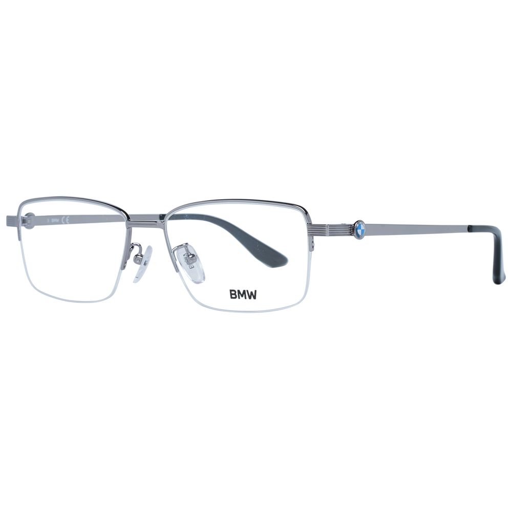 BMW Silver Men Glasses Frame in titanium material, half-rim design, with plastic lenses. Rectangle style, includes branded case.
