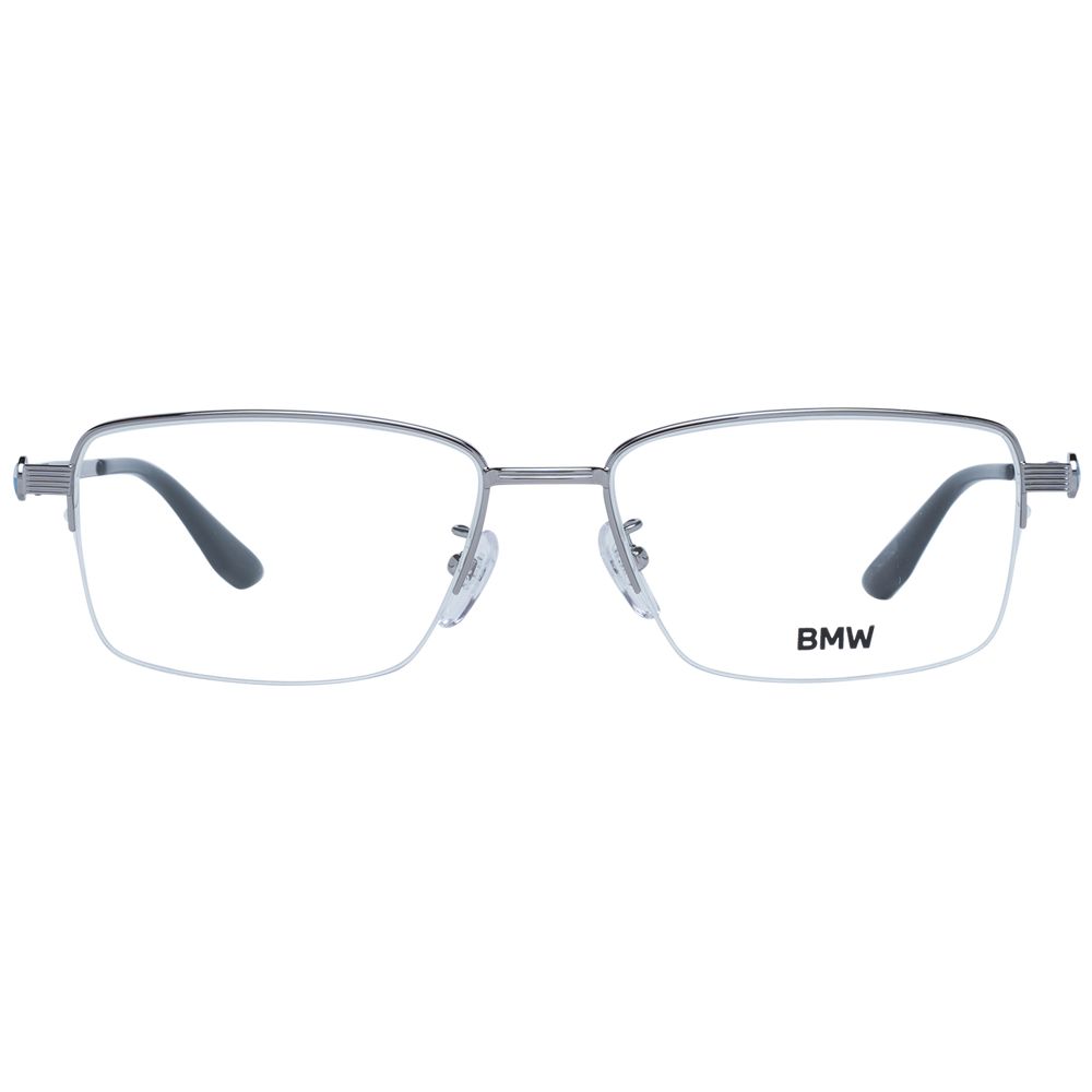 BMW Silver Men Glasses Frame, titanium half-rim rectangle design with demo lenses, includes branded case, size 55-17-145.