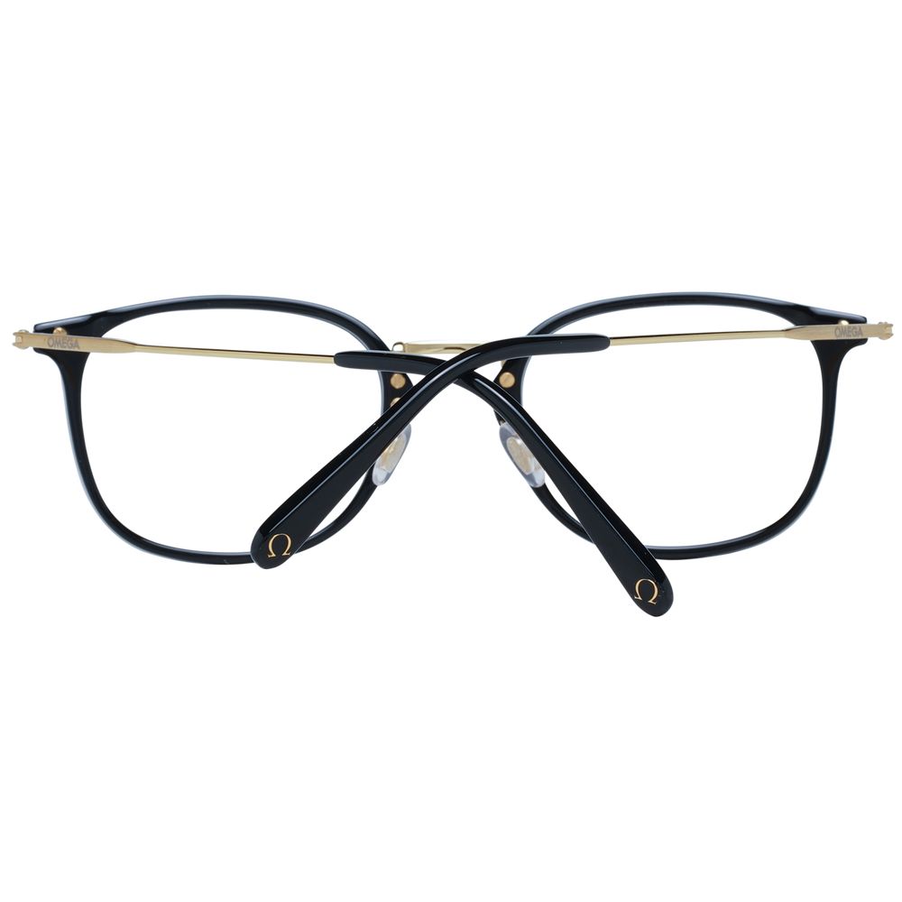 Omega Black Men Glasses Frame, round full-rim metal and plastic design with demo lenses, black frame, size 52-22-145.