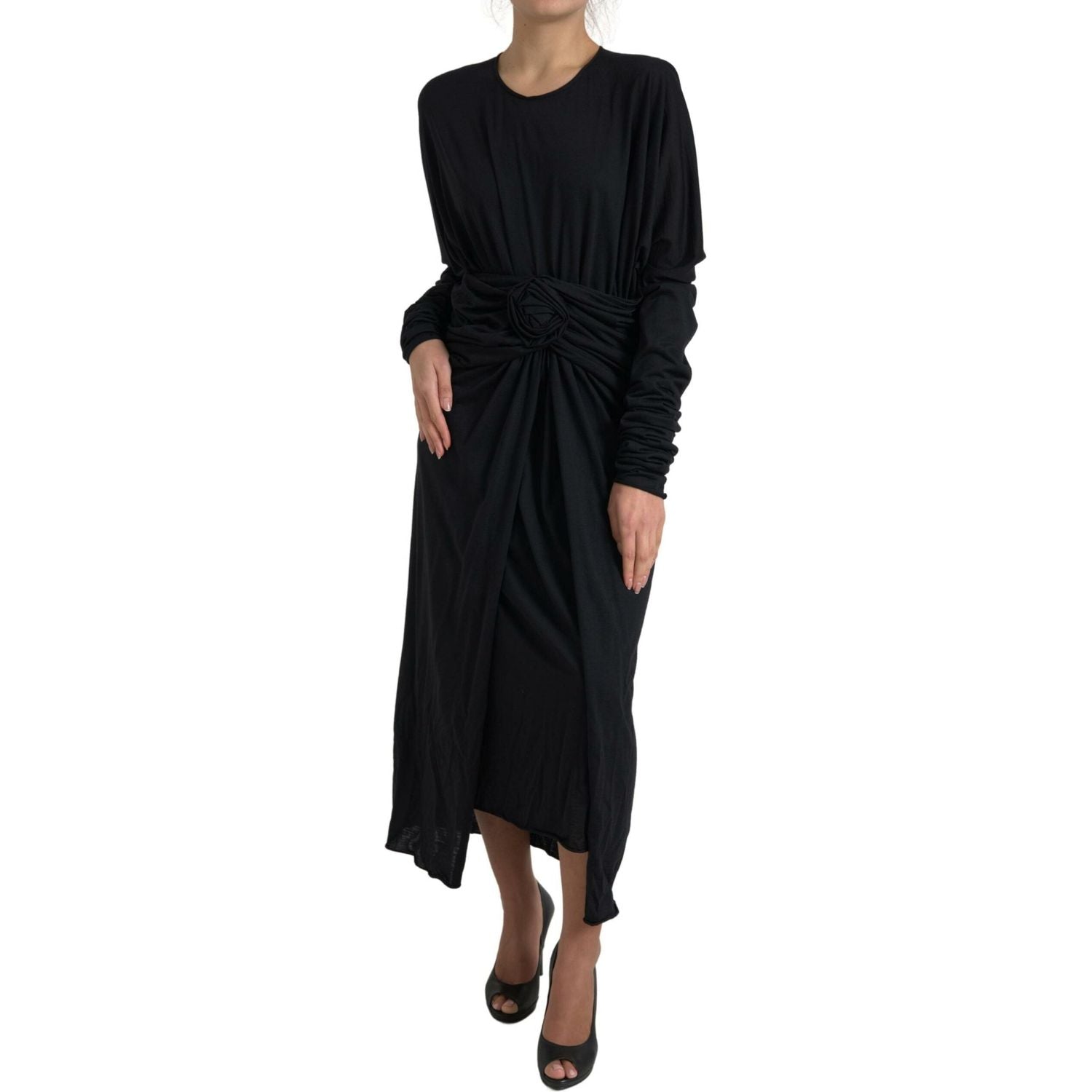 Dolce & Gabbana Black Wool Wrap Sheath Midi Gown Dress
