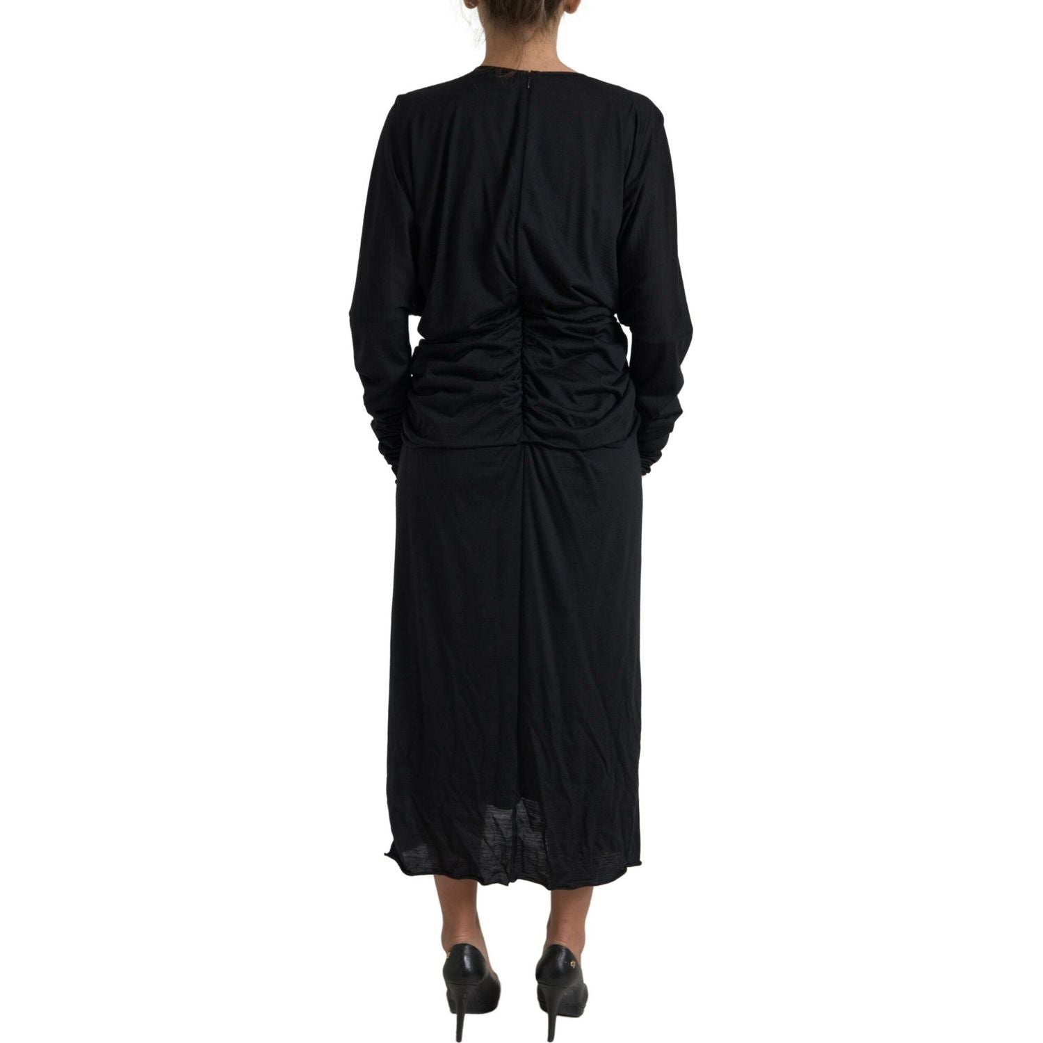 Dolce & Gabbana Black Wool Wrap Sheath Midi Gown Dress