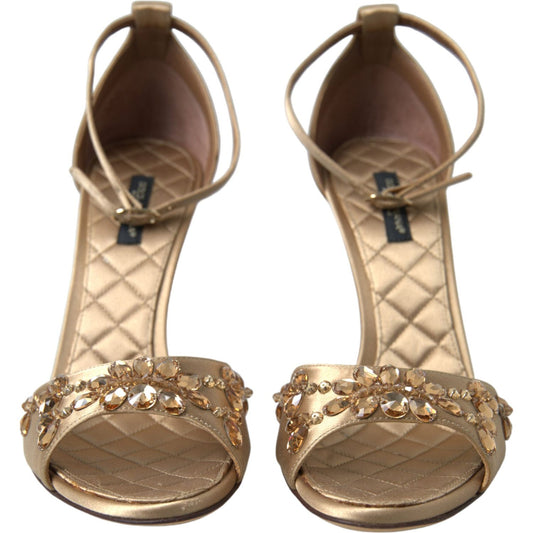Dolce & Gabbana Gold Satin Ankle Strap Crystal Sandals Shoes