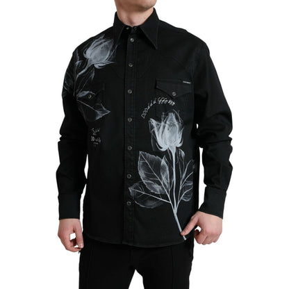 Dolce & Gabbana Black Floral Cotton Collared Dress Shirt
