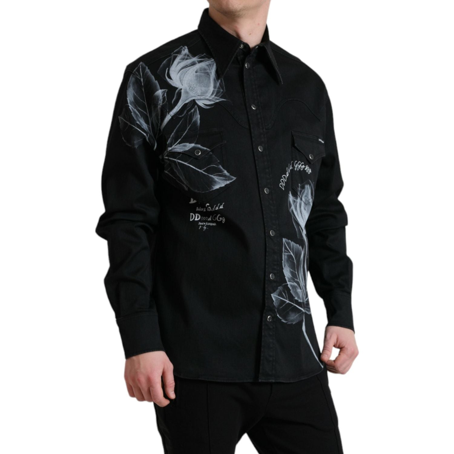 Dolce & Gabbana Black Floral Cotton Collared Dress Shirt