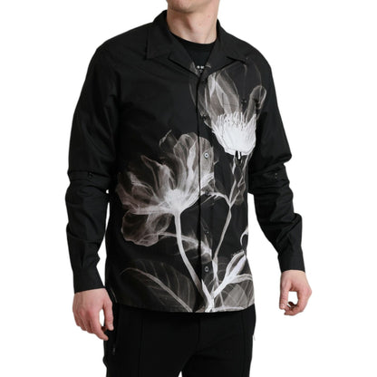 Dolce & Gabbana Black Floral Cotton Collared Long Sleeves Men Shirt