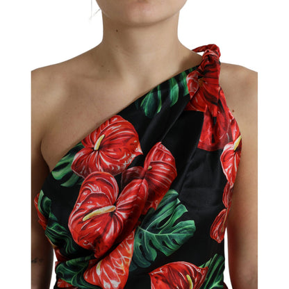 Dolce & Gabbana Black Shiny Silk Floral Print Draped Dress