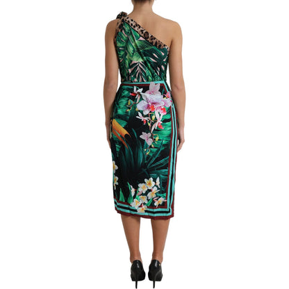 Dolce & Gabbana Green Tropical Jungle Print One Shoulder Midi Dress