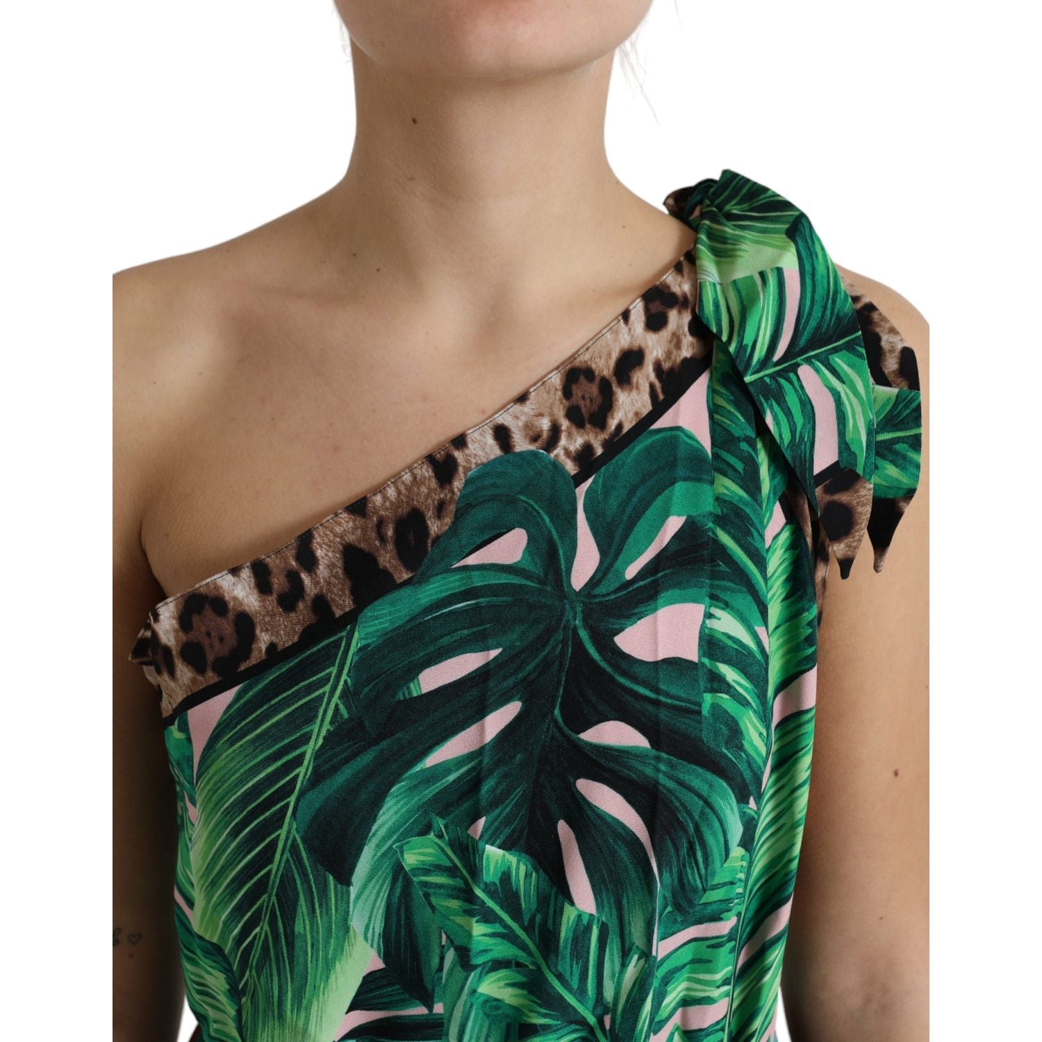 Dolce & Gabbana Green Tropical Jungle Print One Shoulder Midi Dress