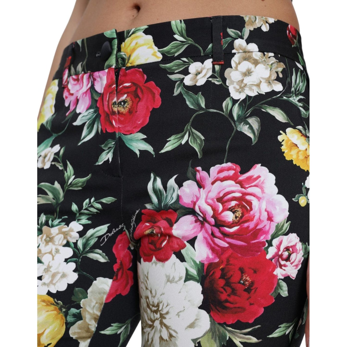 Dolce & Gabbana Black Floral Print Mid Waist Cropped Pants