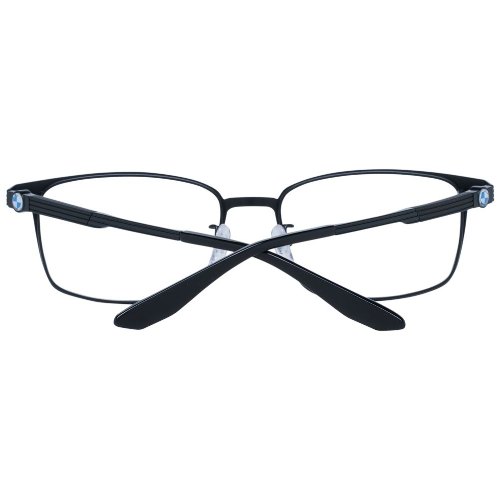 BMW Black Men Glasses Frame, black full-rim titanium rectangle design with demo lenses, size 56-18-145, includes branded case.
