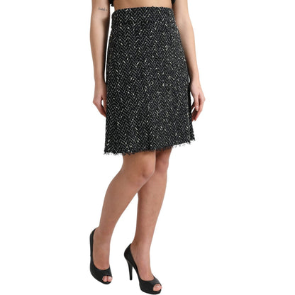 Dolce & Gabbana Black Wool Knit Tweed High Waist Mini Skirt