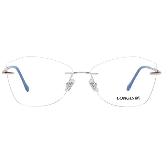 Longines Blue Women Glasses Frame with a butterfly style, rimless metal construction, demo lenses, and blue temples.
