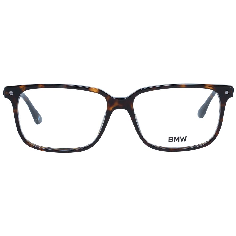 BMW Brown Men Glasses Frame, full-rim, plastic material, rectangle style, size 56-15-145, with demo lenses, branded case included.