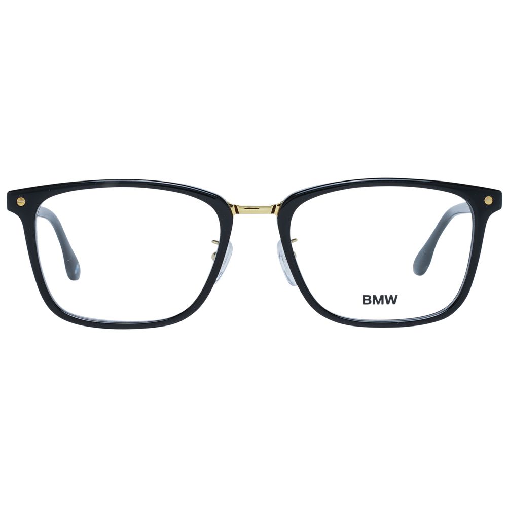 BMW Black Men Glasses Frame, full-rim, black plastic, 55-19-145 size, rectangle style, demo lenses, branded case included.