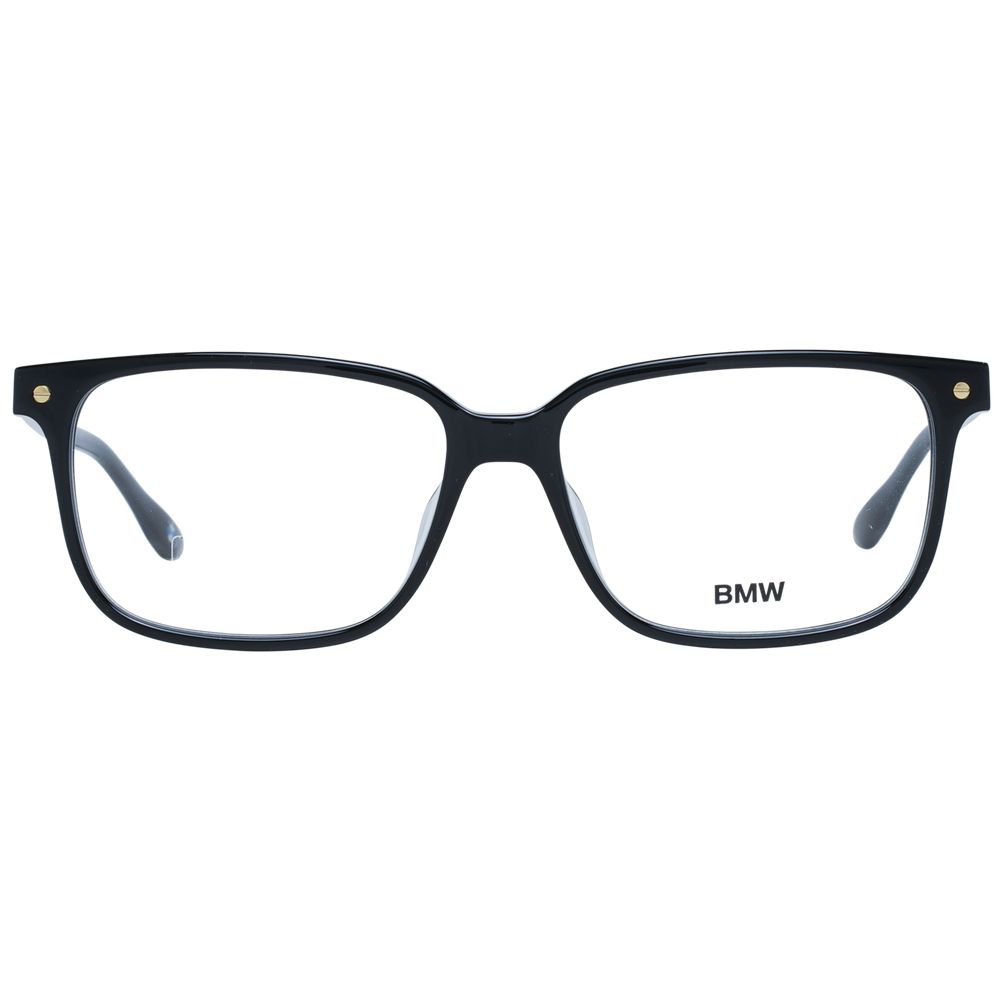 BMW Black Men Glasses Frame, full-rim rectangle style with black plastic frame, demo lenses, size 56-15-145, includes branded case.
