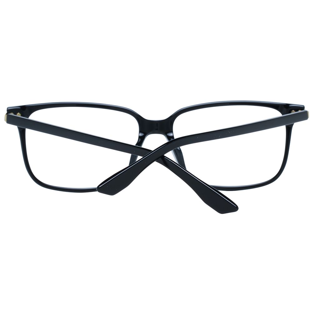 BMW Black Men Glasses Frame in full-rim rectangle style, black plastic construction, 56 size, showcasing temples crossed.