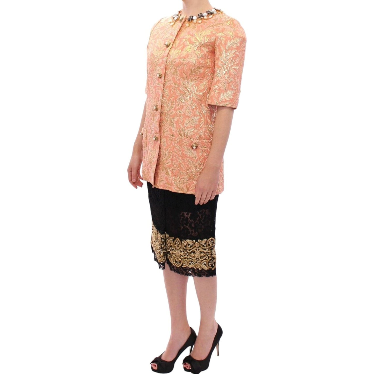 Dolce & Gabbana Pink Silk Brocade Crystal Jacket Coat