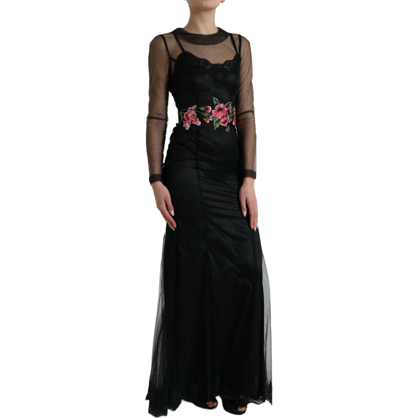 Dolce & Gabbana Black Floral Embroidery Mesh Tulle Gown Dress