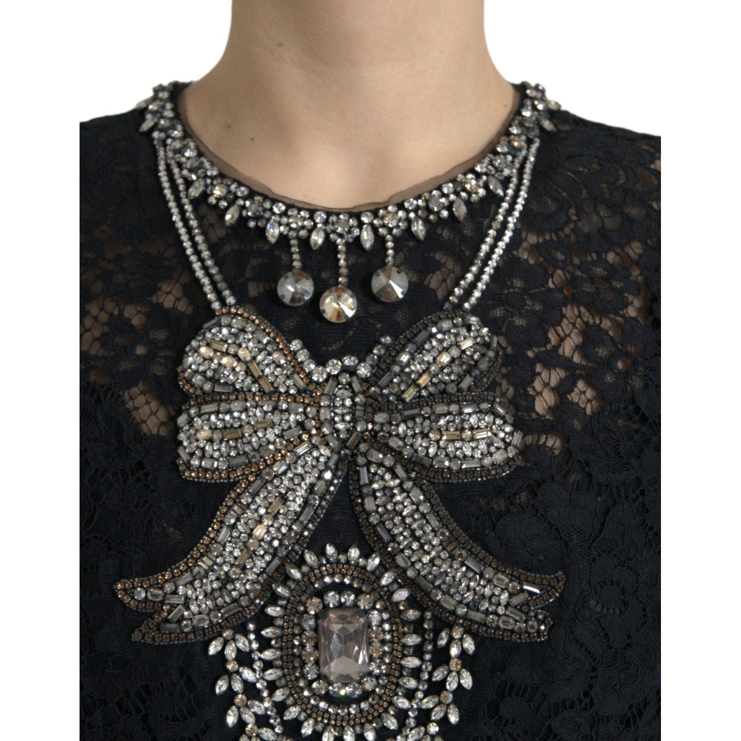 Dolce & Gabbana Black Lace Crystal Embellished Sheath Dress