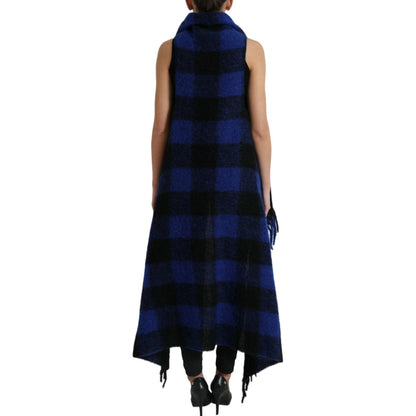 Dolce & Gabbana Black Blue Buffalo Check Poncho Coat Sweater