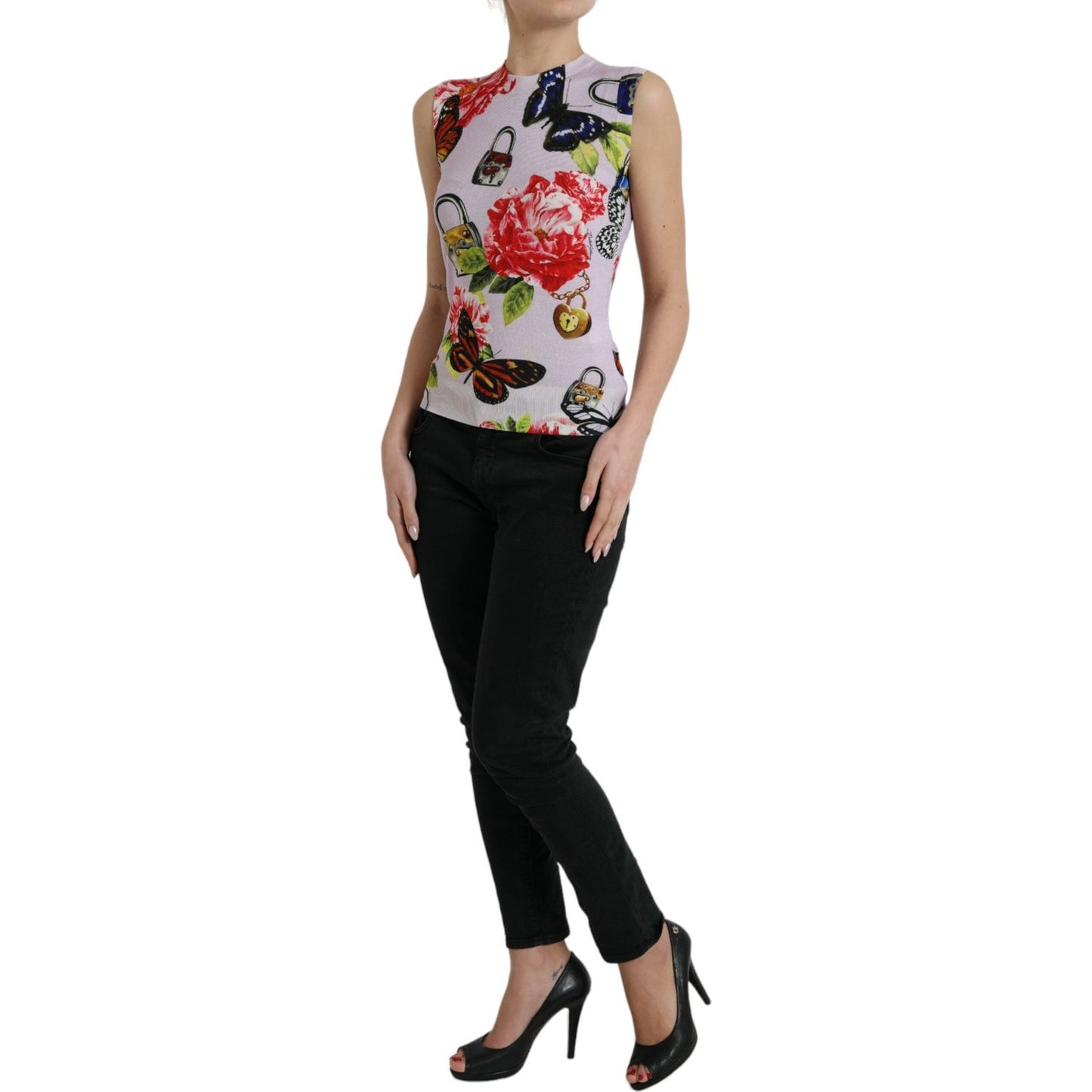 Dolce & Gabbana Multicolor Floral Padlock Butterfly Tank Top