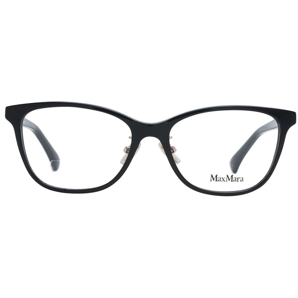 Max Mara Black Women Glasses Frame, full-rim rectangle style, black plastic material, size 55-17-145, includes branded case.