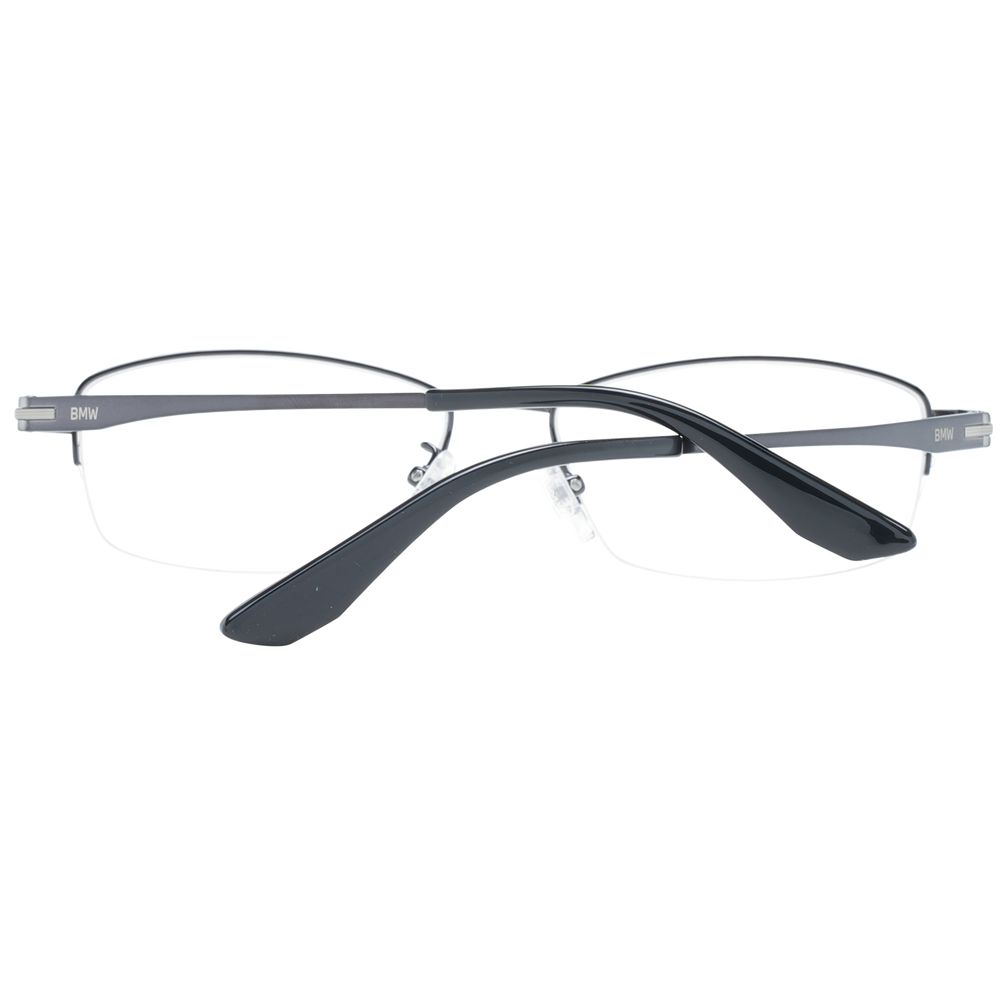 BMW Black Men Glasses Frame in titanium half-rim with demo plastic lenses, rectangle style, size 55-16-145, includes branded case.