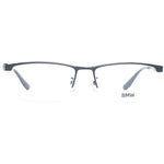 BMW Black Men Glasses Frame in titanium, half-rim style with demo plastic lenses in rectangle shape, size 55-17-145.