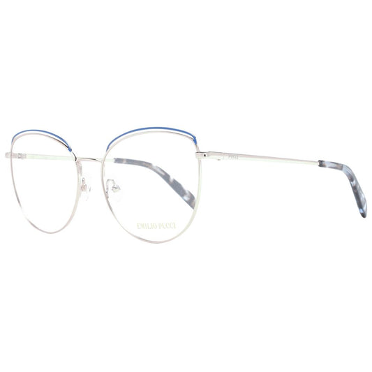 Emilio Pucci Blue Women Glasses Frame with metal full-rim design and demo lenses, featuring round style and branded case included.