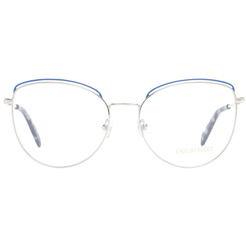 Emilio Pucci Blue Women Glasses Frame with round full-rim metal frame and demo plastic lenses, includes branded case.