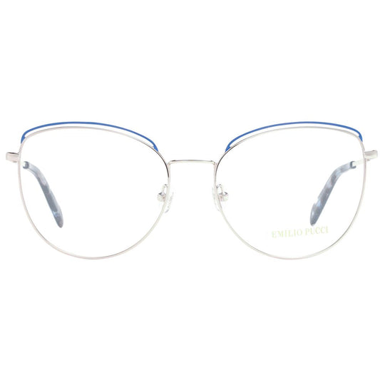 Emilio Pucci Blue Women Glasses Frame with round full-rim metal frame and demo plastic lenses, includes branded case.