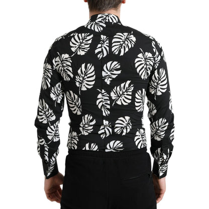 Dolce & Gabbana Black Leaf Cotton Men Formal GOLD Dress Shirt