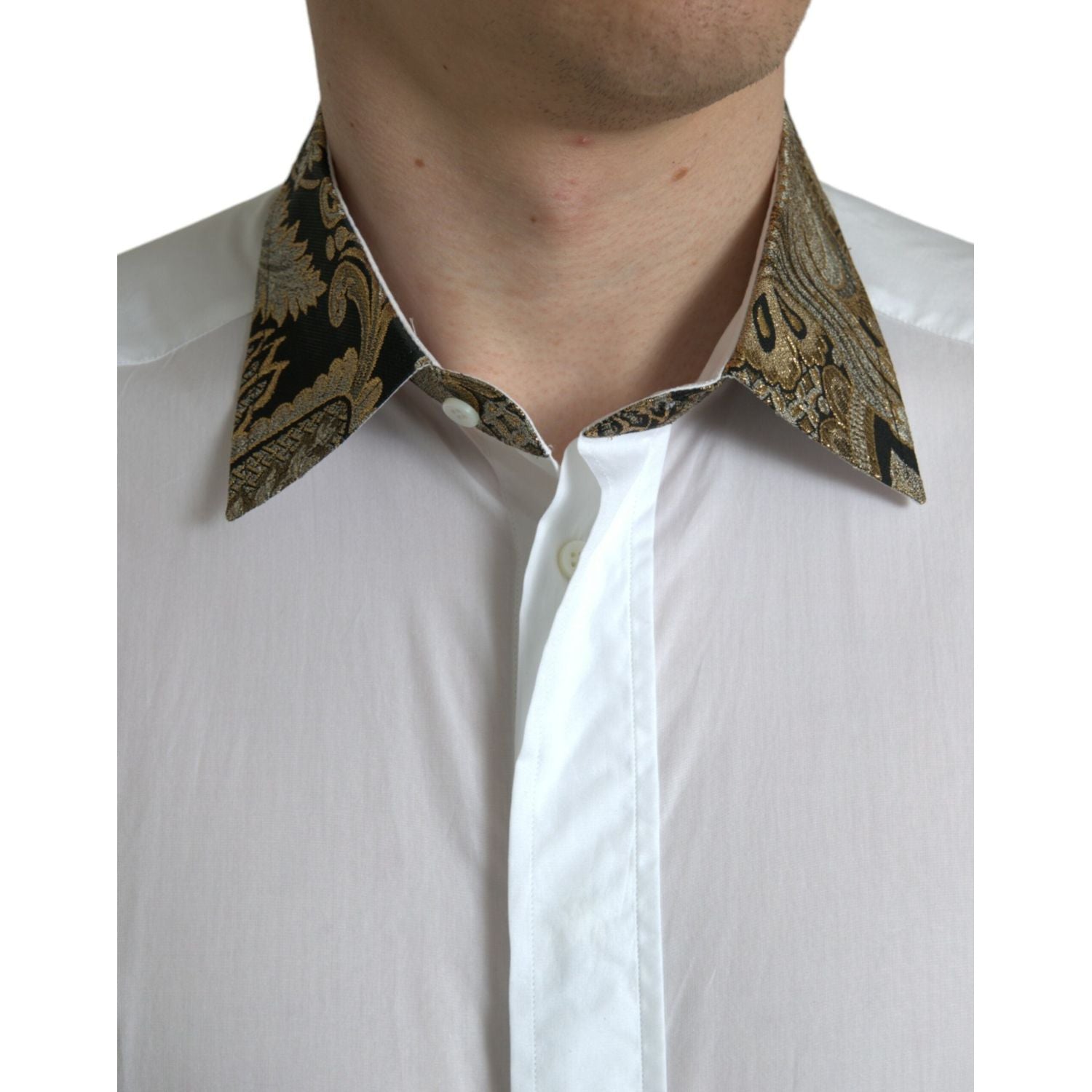 Dolce & Gabbana White Cotton Jacquard Formal GOLD Dress Shirt